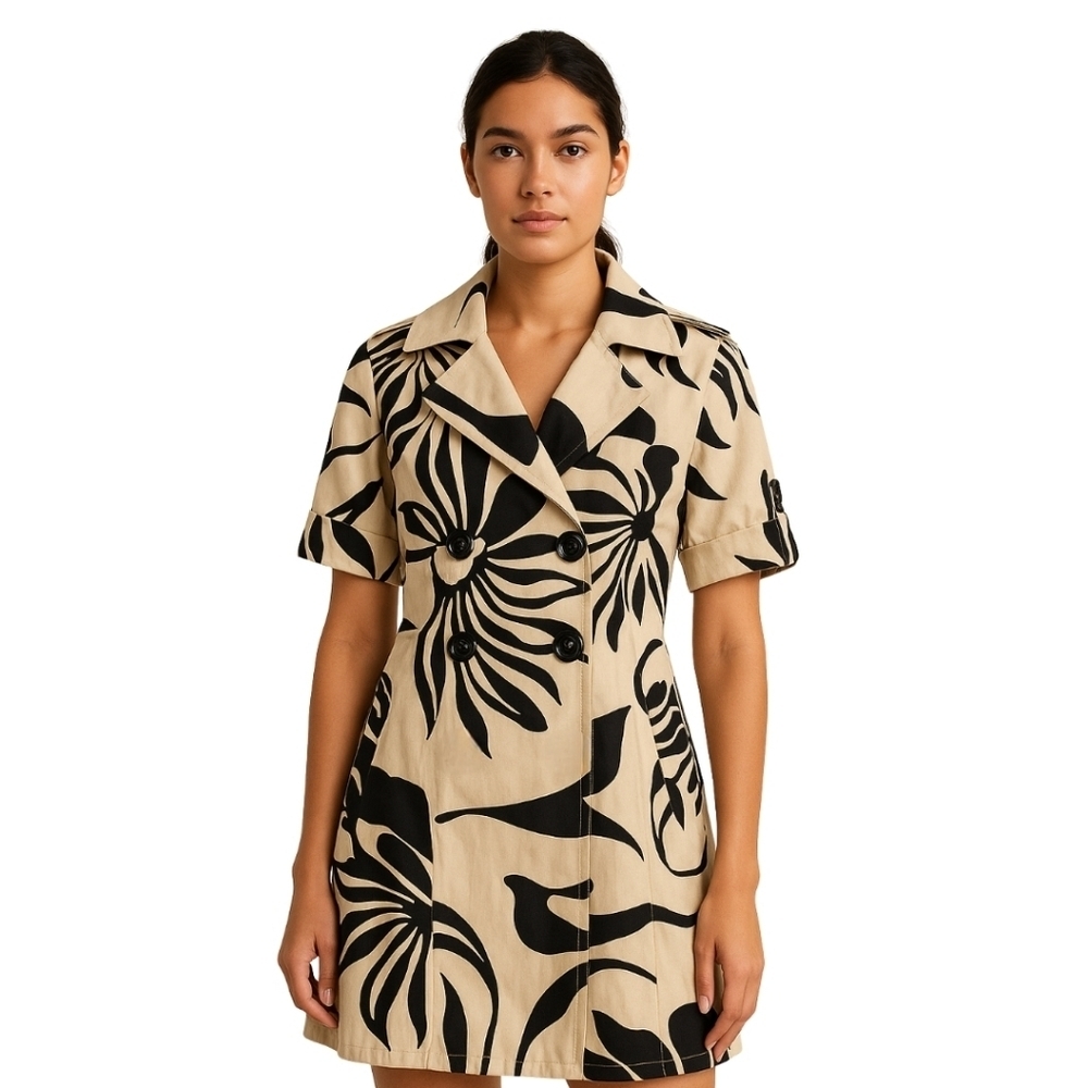INC International Concepts Floral Print Trench Coat Black Beige Size S